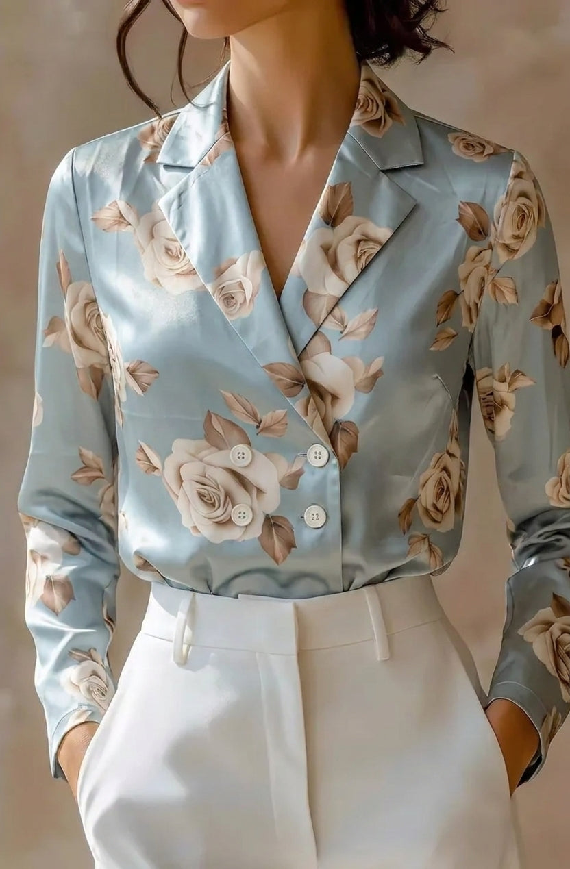 Tailored Satin Double-Breasted Blouse with Notched Lapels and Floral Print