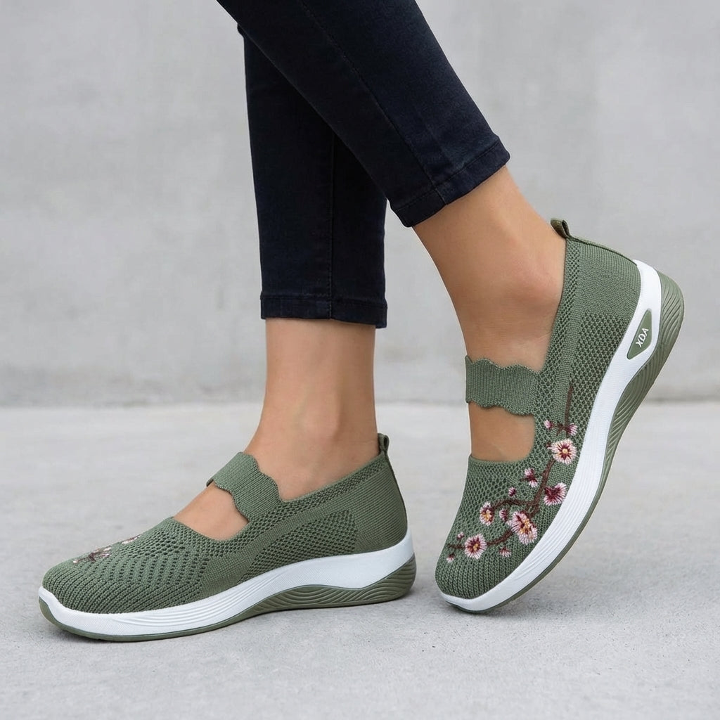Knit Mesh Mary Jane Flats with Floral Embroidery and Scalloped Strap