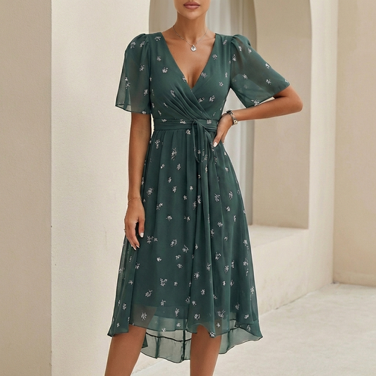 Sofia Amoretti Flowing Chiffon Wrap Midi Dress with Tie Waist
