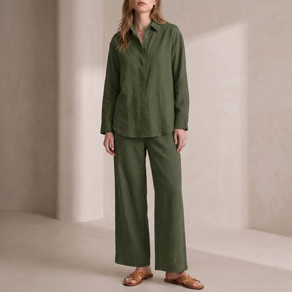 Relaxed Two-Piece Woven Shirt and Wide-Leg Trousers Set