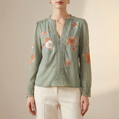 Flowing V-Neck Floral Blouse with Delicate Lace Trim and Sheer Sleeves