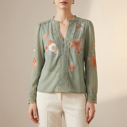 Flowing V-Neck Floral Blouse with Delicate Lace Trim and Sheer Sleeves