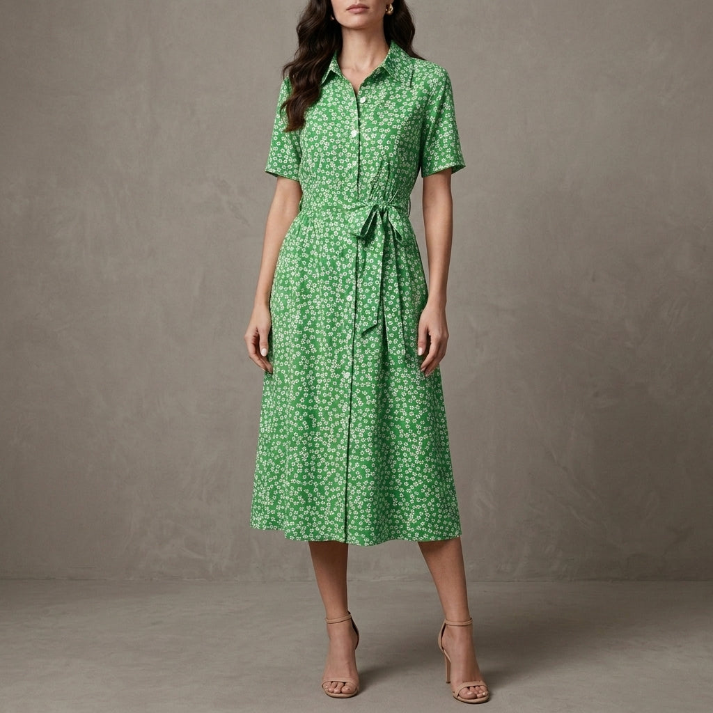 Graceful Floral Midi Dress with Adjustable Waist Tie