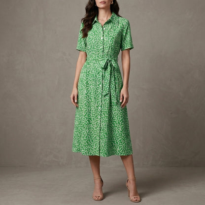 Graceful Floral Midi Dress with Adjustable Waist Tie