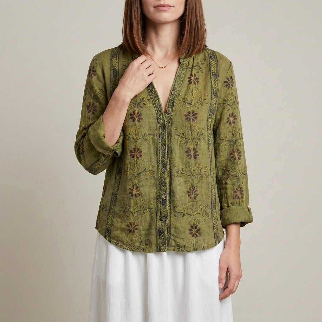 Botanical Print Relaxed Blouse with Embroidered V-Neck Detail