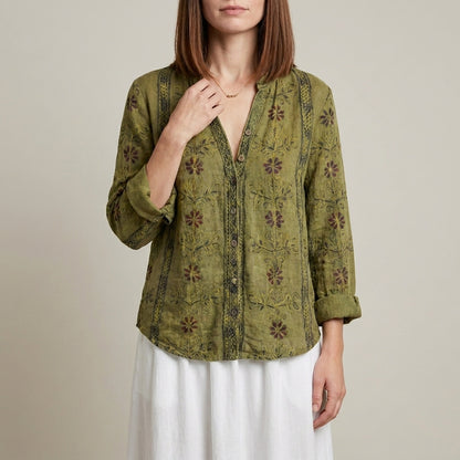 Botanical Print Relaxed Blouse with Embroidered V-Neck Detail