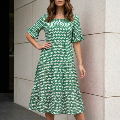 Soft Mosaic Print Tiered Midi Dress