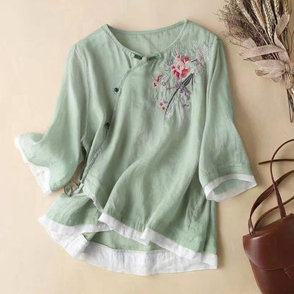Embroidered Artisan Kimono-Style Linen Blend Blouse
