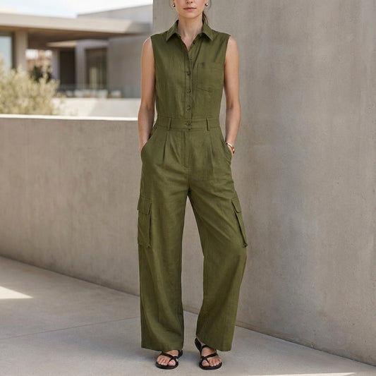 Tailored Sleeveless Utility Jumpsuit with Wide-Leg Silhouette and Collar