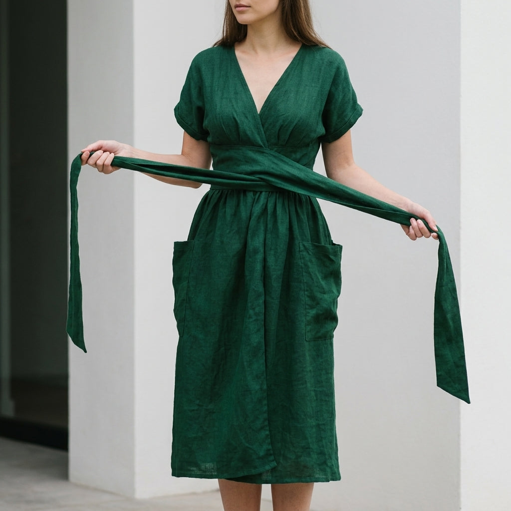 Relaxed Wrap-Front Midi Dress with Tie Waist and Patch Pockets