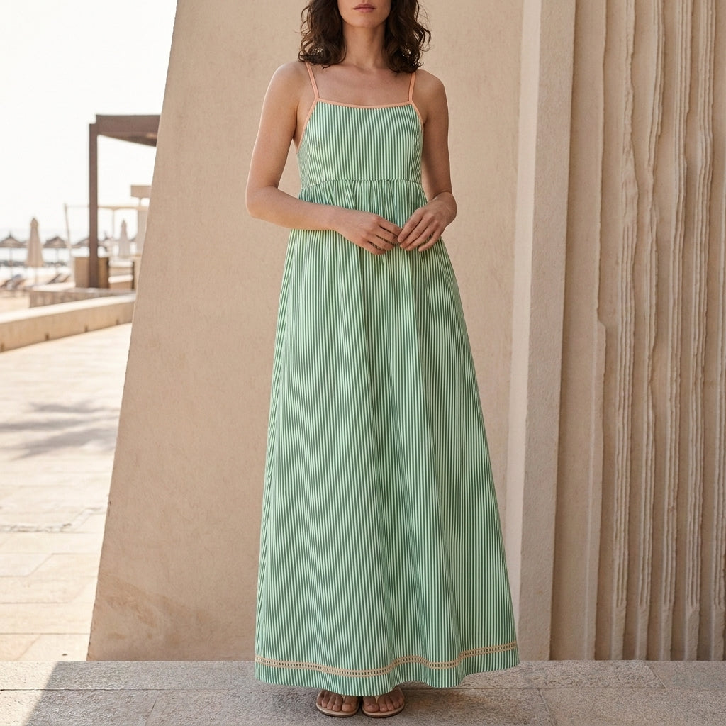 Striped Square Neck Sleeveless Maxi Dress with Pockets