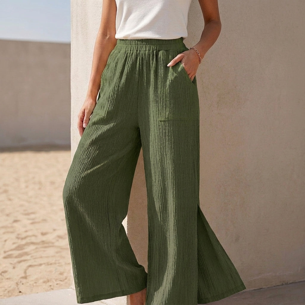 High-Rise Wide-Leg Pants with Smocked Waist and Textured Weave