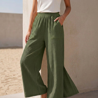 High-Rise Wide-Leg Pants with Smocked Waist and Textured Weave