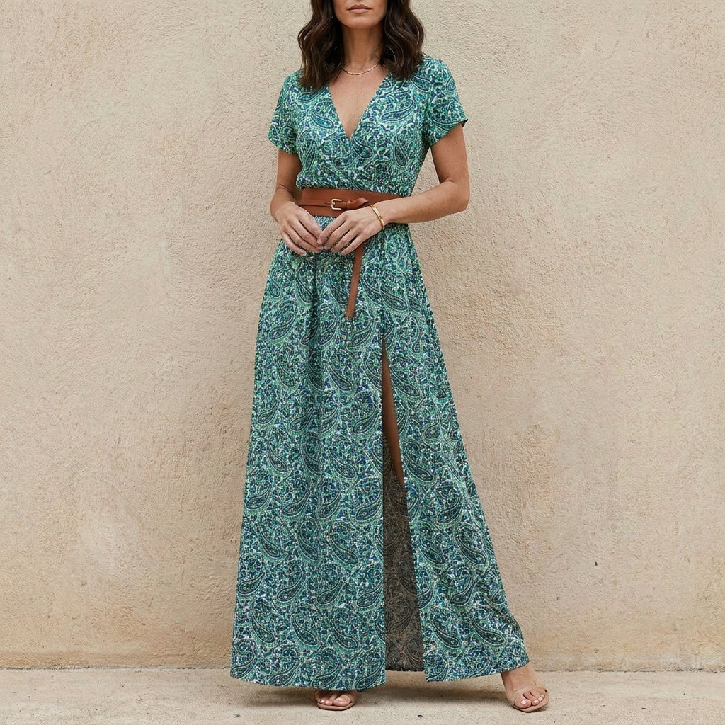 Bohemian Printed Maxi Dress with Belted Waist Detail