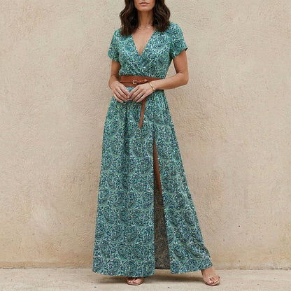 Bohemian Printed Maxi Dress with Belted Waist Detail