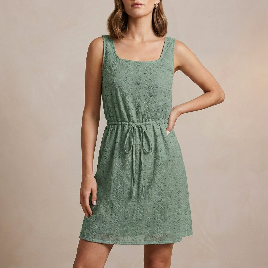 Sleeveless Mini Dress with Hollow-Out Textured Fabric and Adjustable Waist
