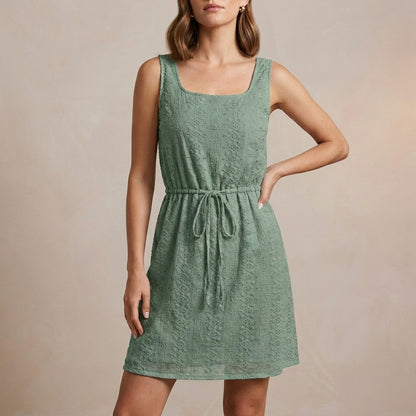 Sleeveless Mini Dress with Hollow-Out Textured Fabric and Adjustable Waist