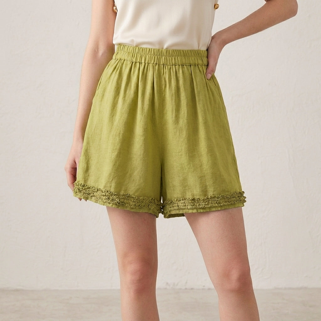 Ruffle Hem Relaxed Summer Shorts with Elastic Waist