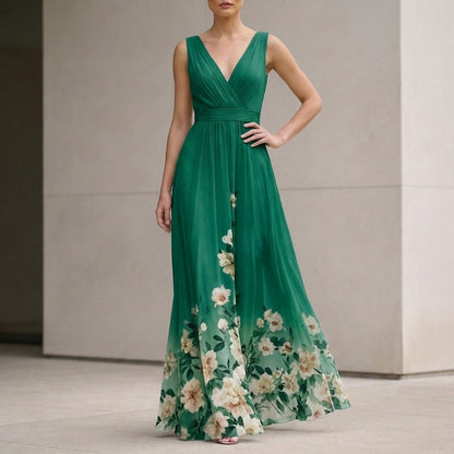 Elegant Flowing Chiffon Maxi Gown with Draped V-Neck and Floral Detail