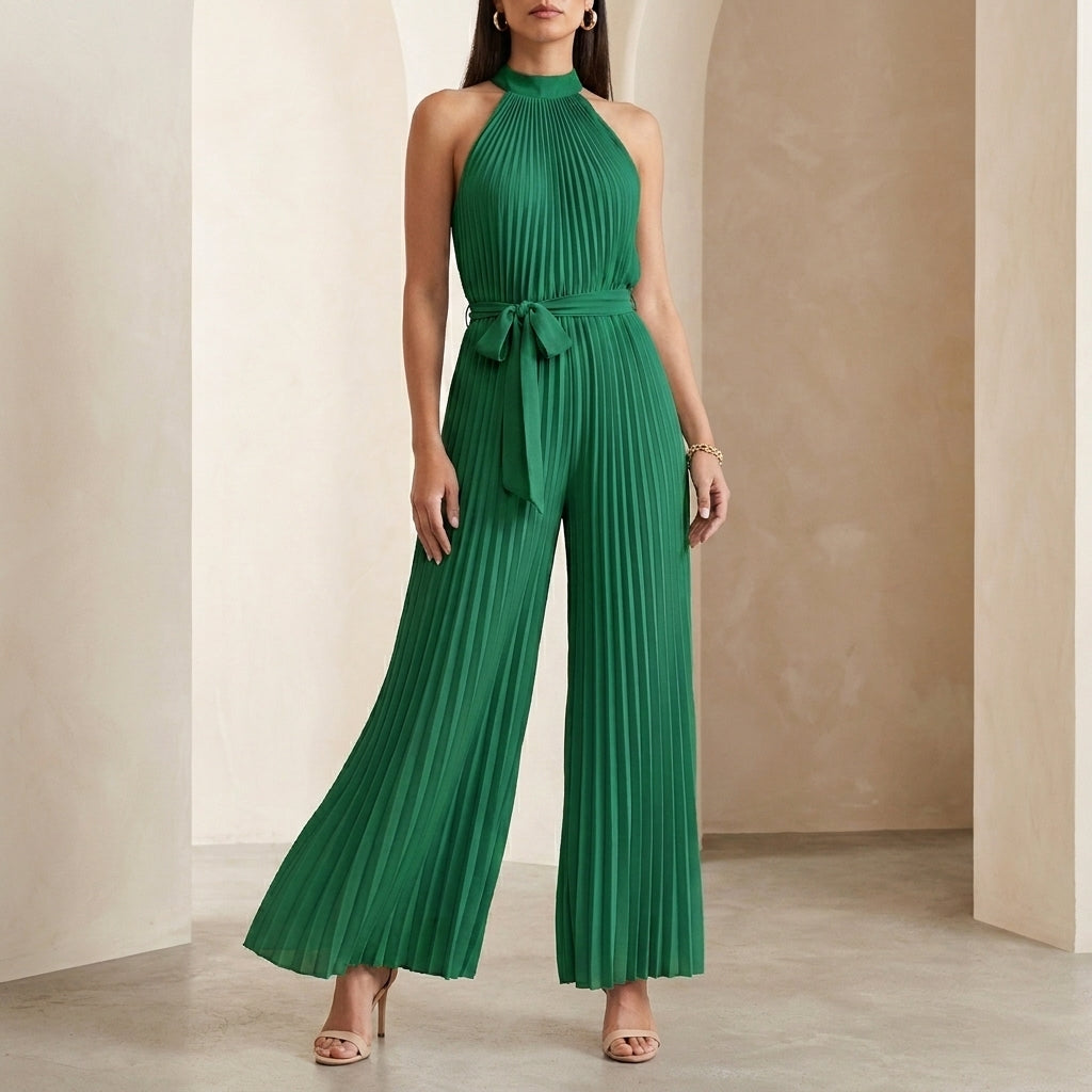 Elegant Pleated Halter Neck Jumpsuit with Flowing Wide Legs