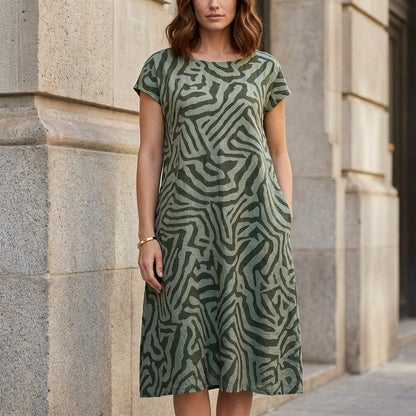 Abstract Print Midi Dress with Relaxed Everyday Silhouette