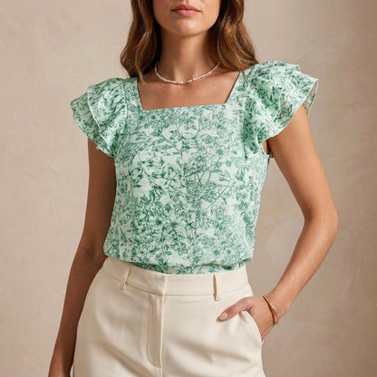 Relaxed Floral Print Ruffle Blouse with Square Neck and Back Bow Closure