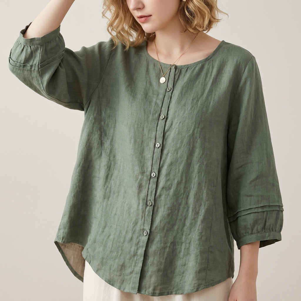 Relaxed 3/4 Sleeve Woven Button-Down Top with Pintuck Detailing