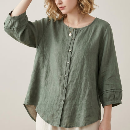 Relaxed 3/4 Sleeve Woven Button-Down Top with Pintuck Detailing