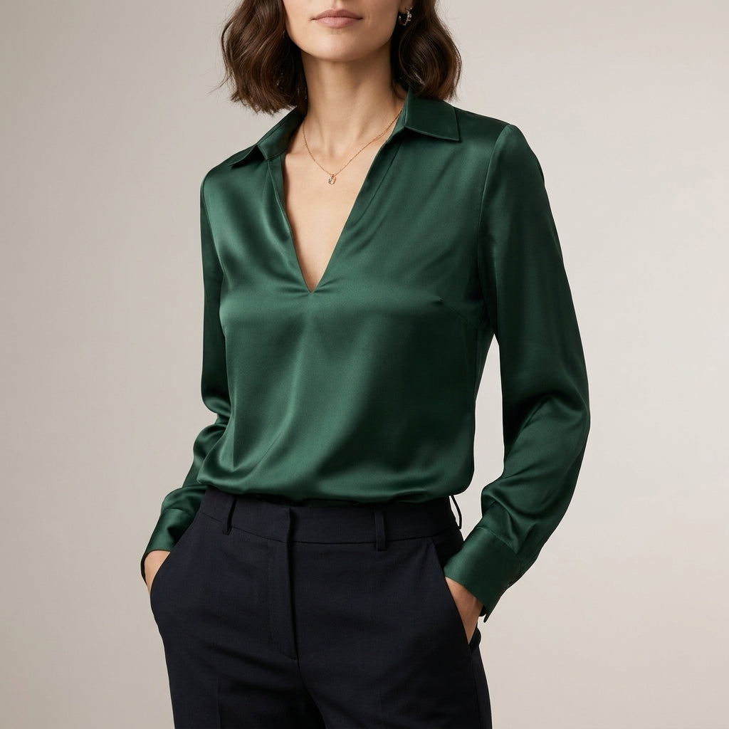 Tailored V-Neck Blouse with Spread Collar and Lustrous Finish