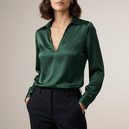 Tailored V-Neck Blouse with Spread Collar and Lustrous Finish