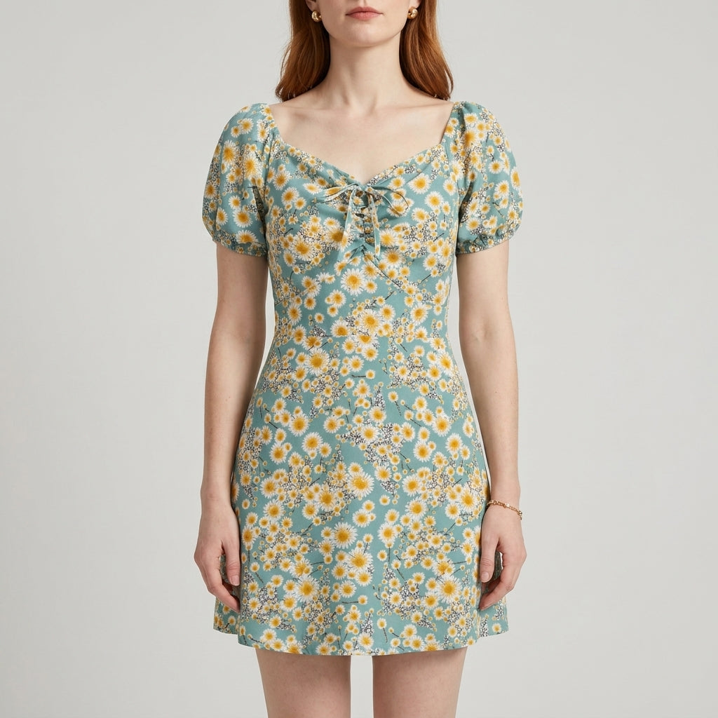 Daisy Meadow Puff Sleeve Tie Front Mini Dress
