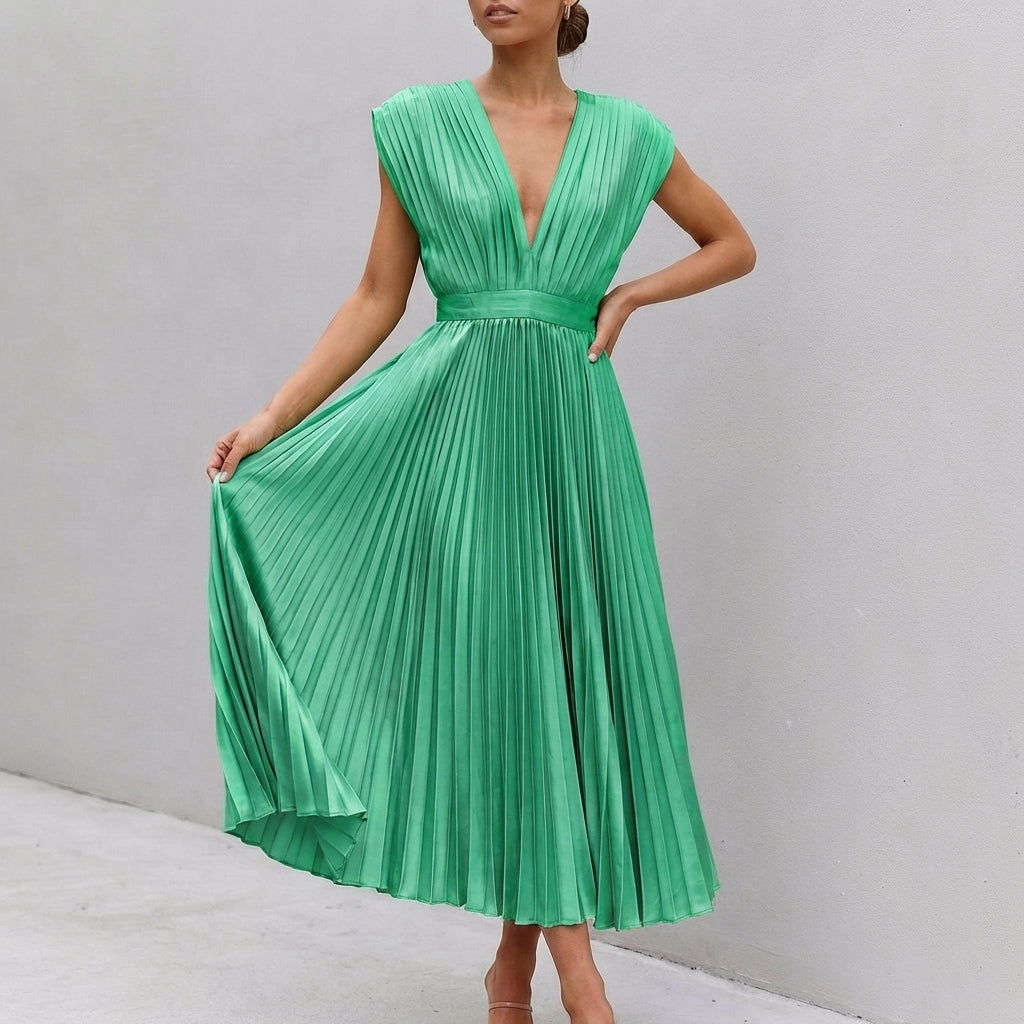 Alaina Midi Dress with Draped Bodice and Defined Waist