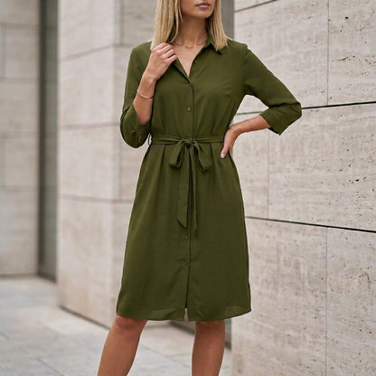 Tailored Knee-Length Shirt Dress with Waist Tie and Side Pockets