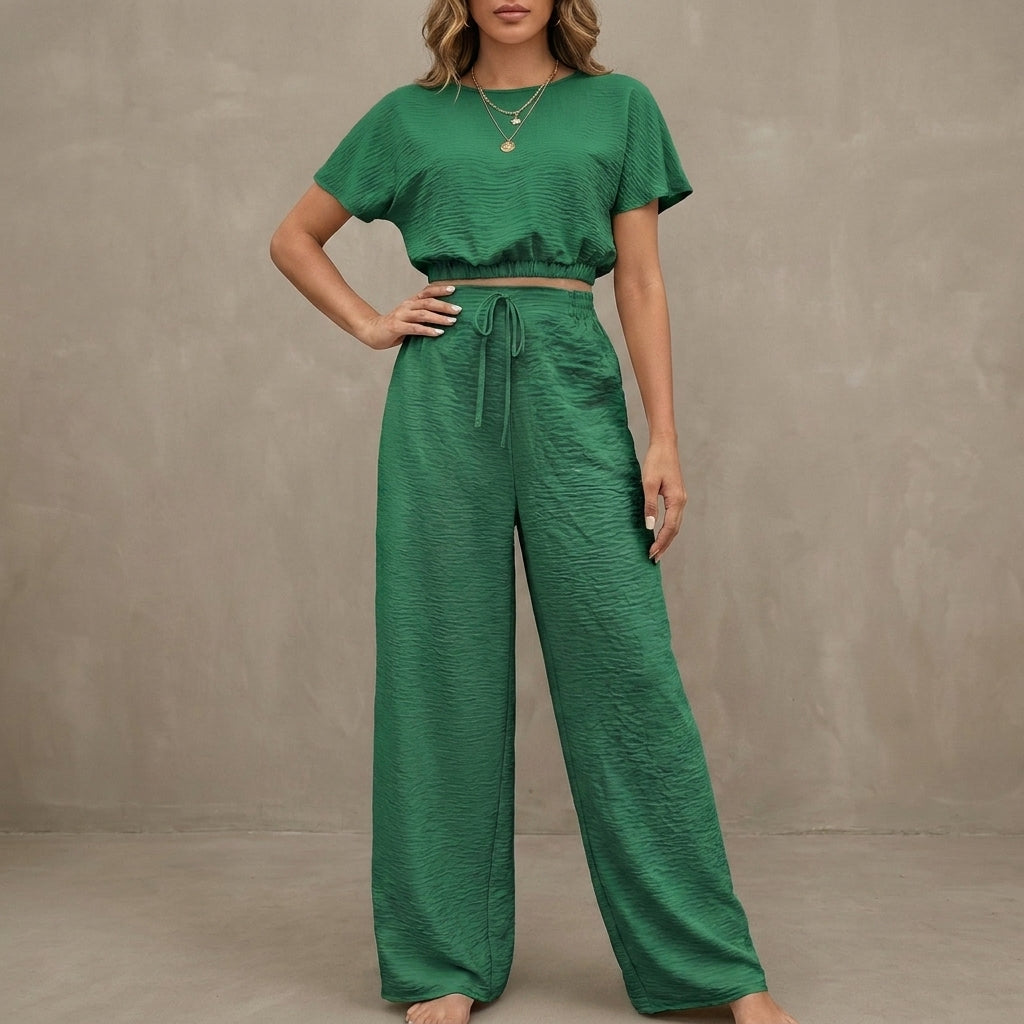 Coastal Breeze Textured Two-Piece Lounge Set with Wide-Leg Pants