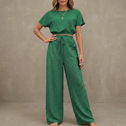 Coastal Breeze Textured Two-Piece Lounge Set with Wide-Leg Pants