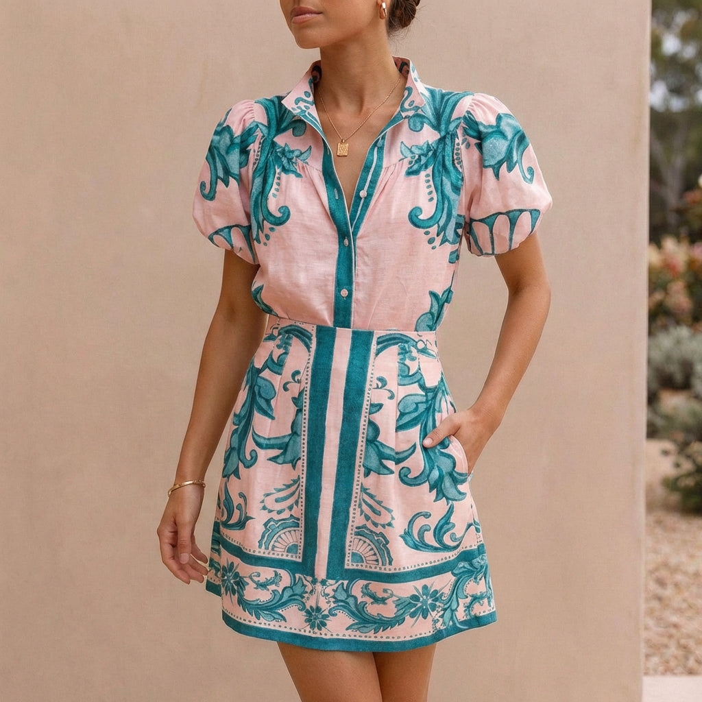 Puff Sleeve Mini Dress with Band Collar and A-Line Silhouette