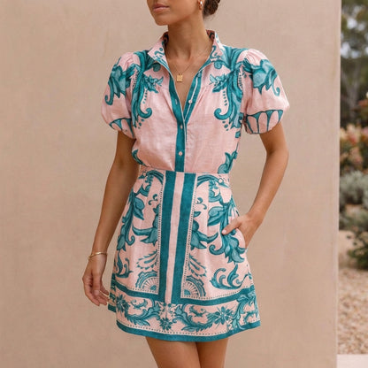 Puff Sleeve Mini Dress with Band Collar and A-Line Silhouette