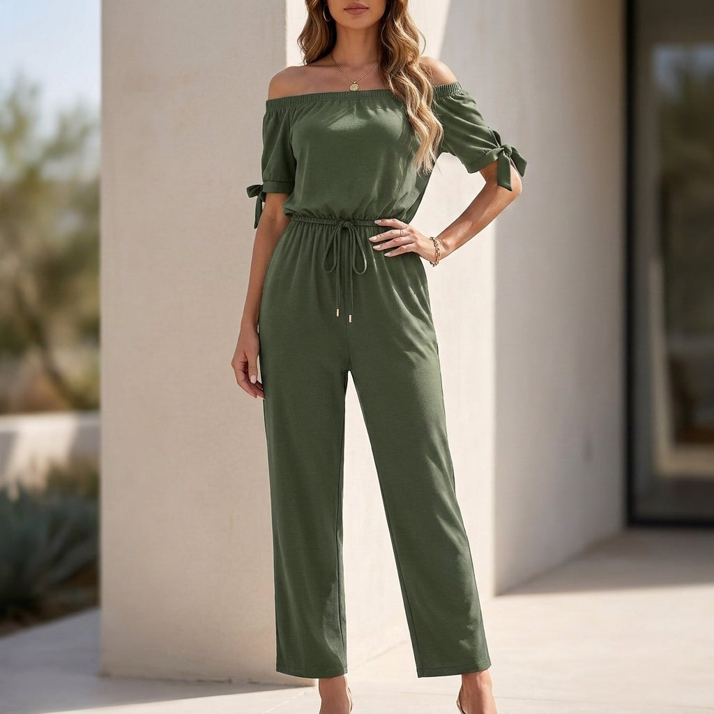 Elegant Off-Shoulder Jumpsuit with Adjustable Waist and Bow-Tie Sleeves