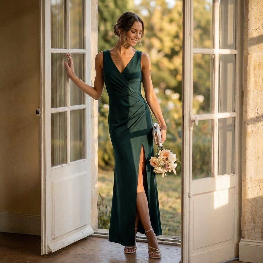 Sophisticated Fitted Maxi Dress with V-Neck Wrap and High Slit