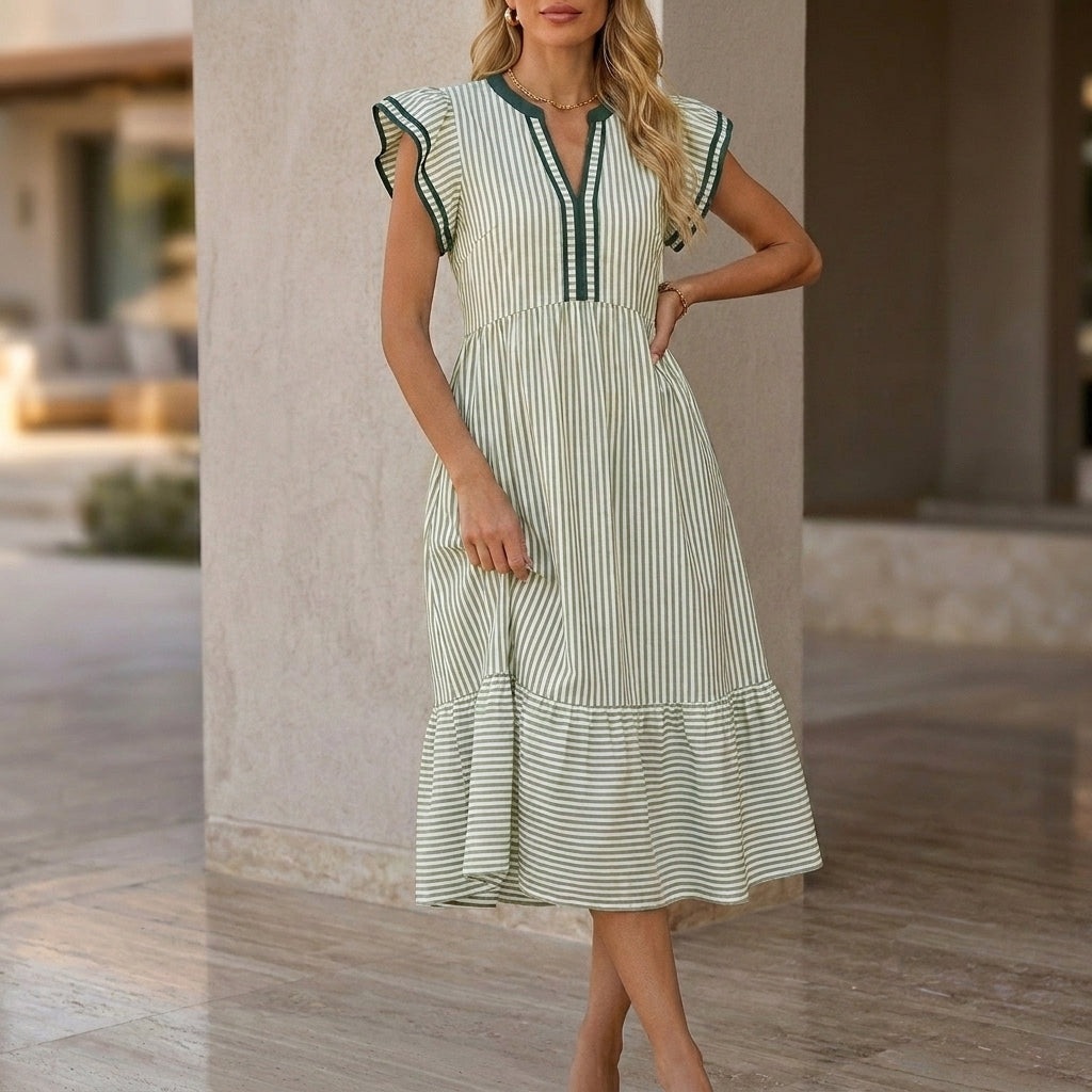 A-Line Midi Dress with Double Ruffle Sleeves and Contrasting Trim