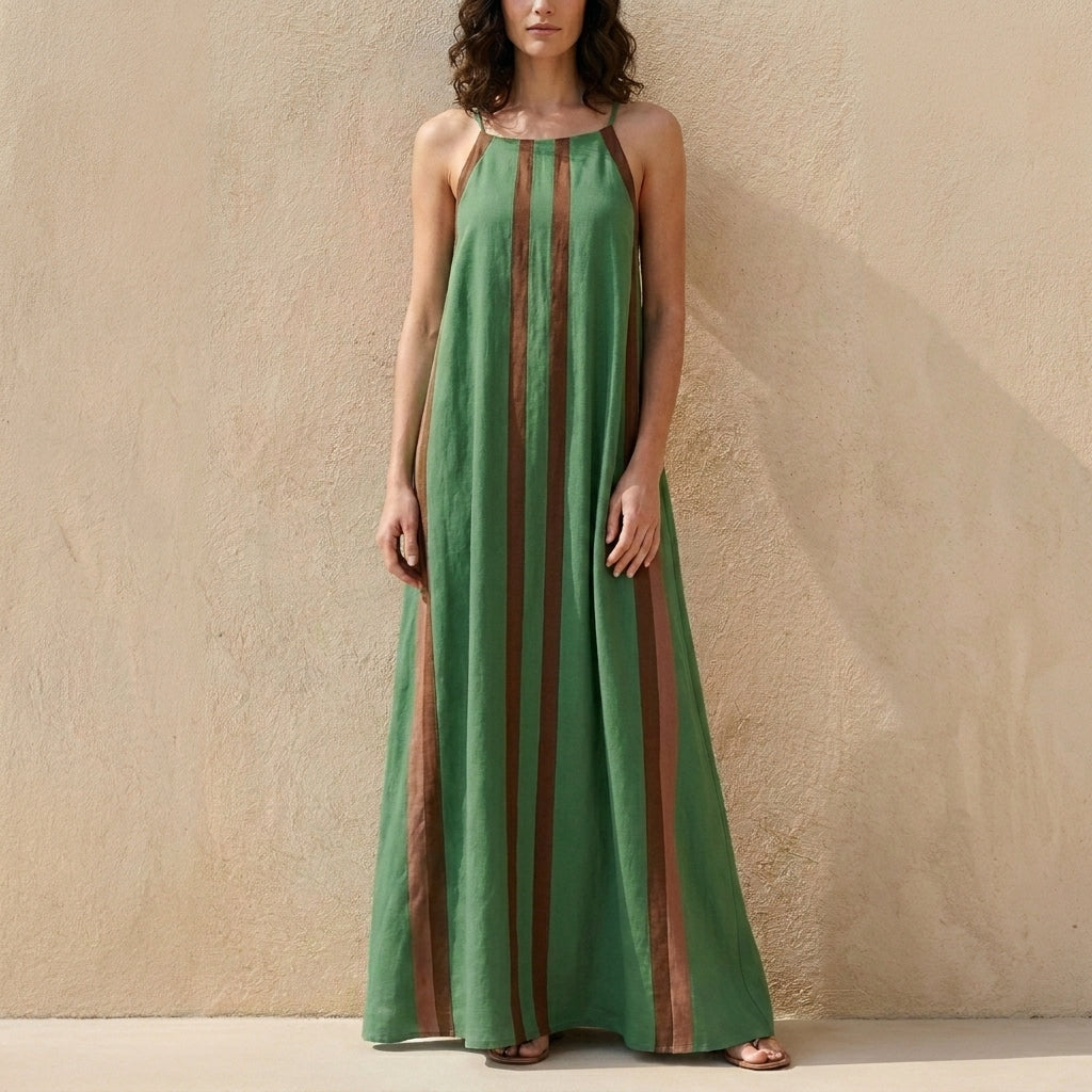 Flowing Stripe Detail Maxi Dress with Spaghetti Straps
