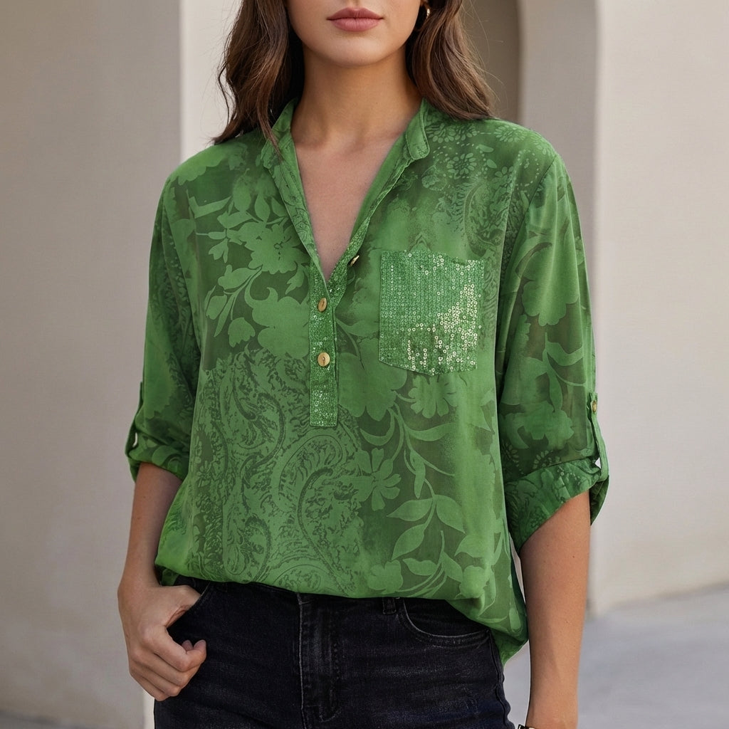 Relaxed Floral Burnout Blouse with Adjustable Roll-Tab Sleeves