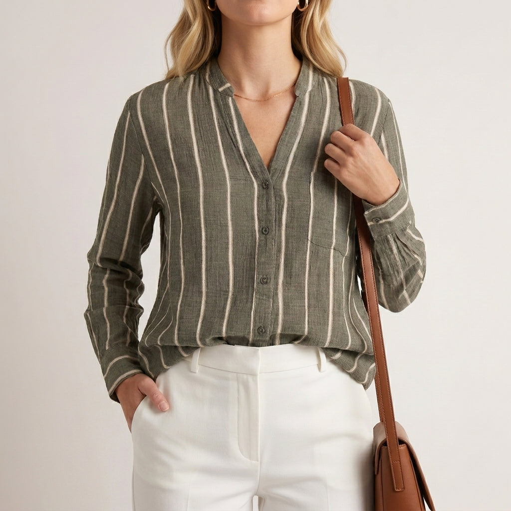 Relaxed Fit Woven Blouse with Stand Collar and Vertical Stripes