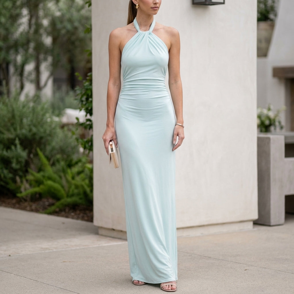 Elegant Twisted Halterneck Maxi Dress with Ruched Bodice and Backless Silhouette