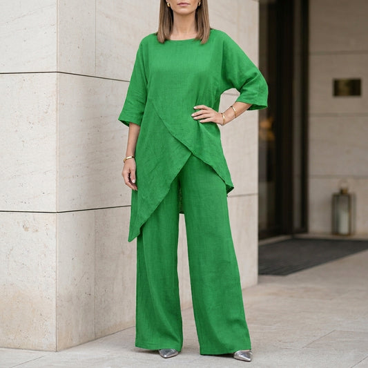Relaxed Two-Piece Set with Flowing Wide-Leg Pants Elegance