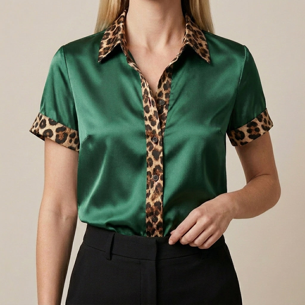 Leopard Trim Satin Button-Front Statement Blouse