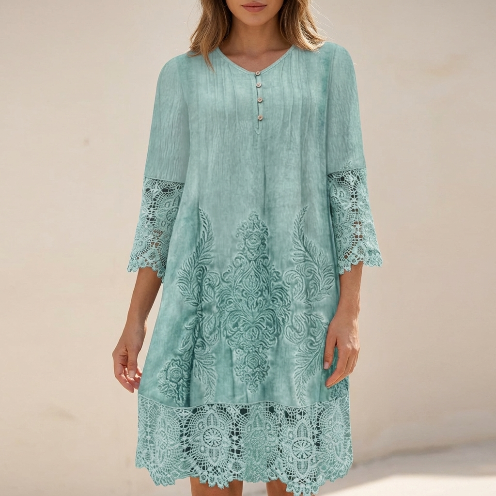Bohemian Embroidered Tunic Dress with Lace Trim and Flowing Silhouette