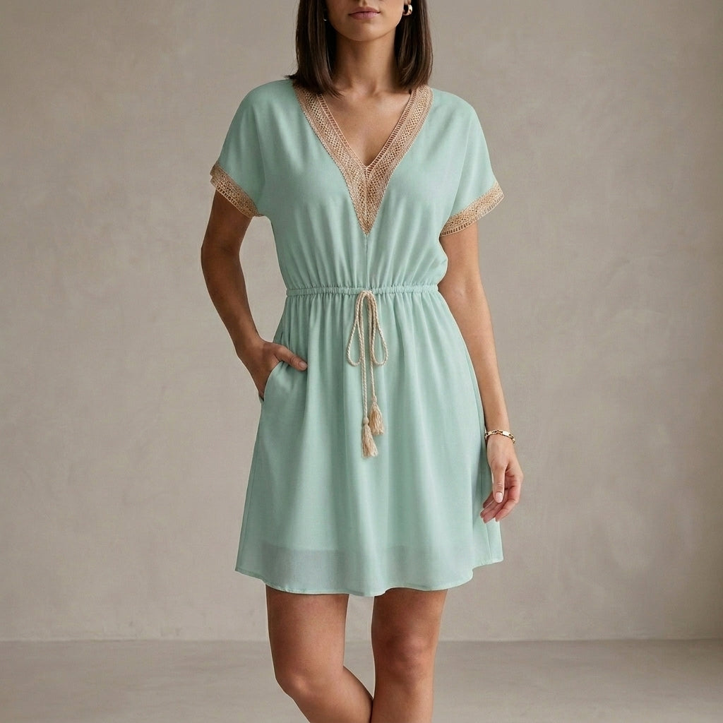 Lightweight Lace-Trimmed Mini Dress with Cinched Waist and V-Neckline
