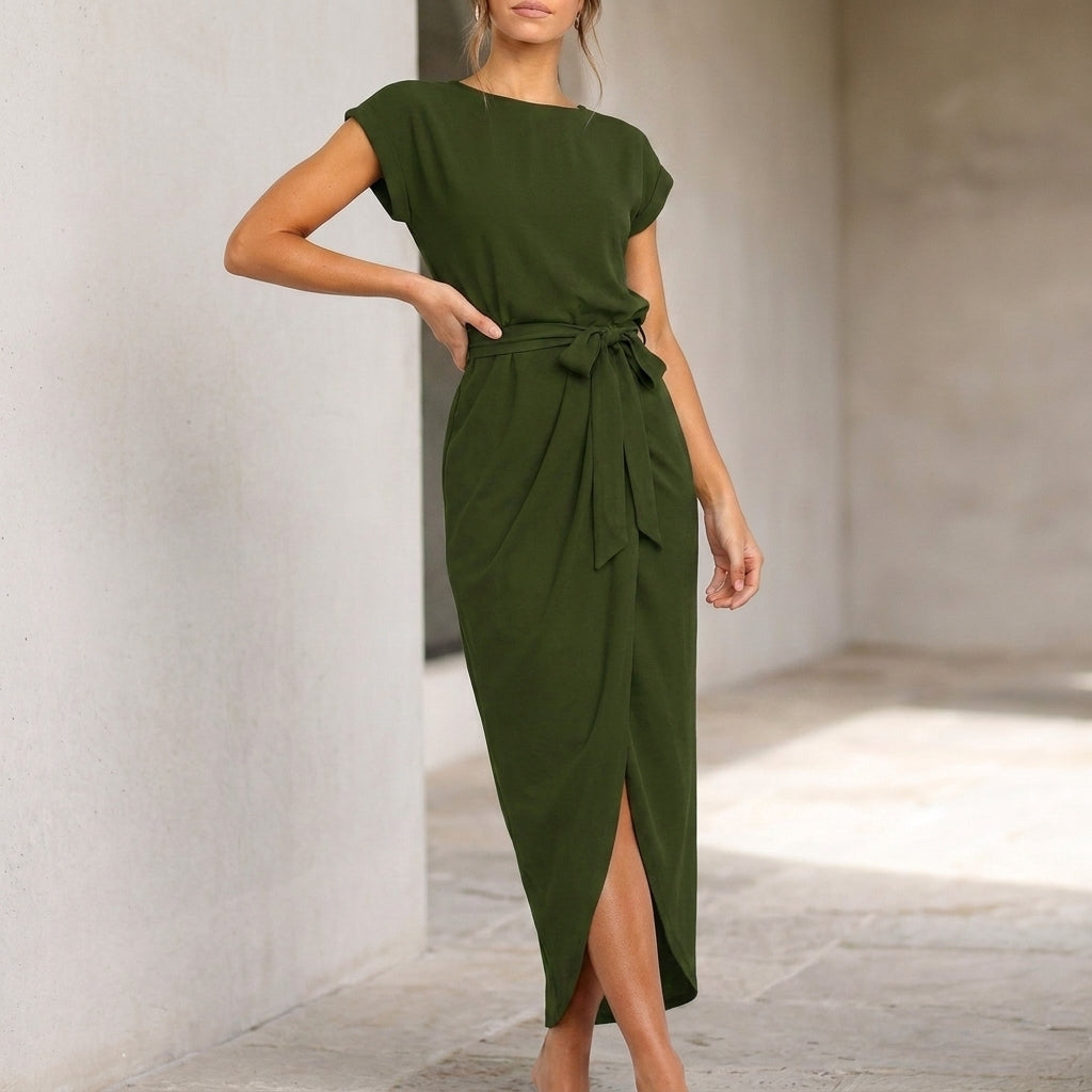 Relaxed Midi Dress with Self-Tie Belt and High Slit