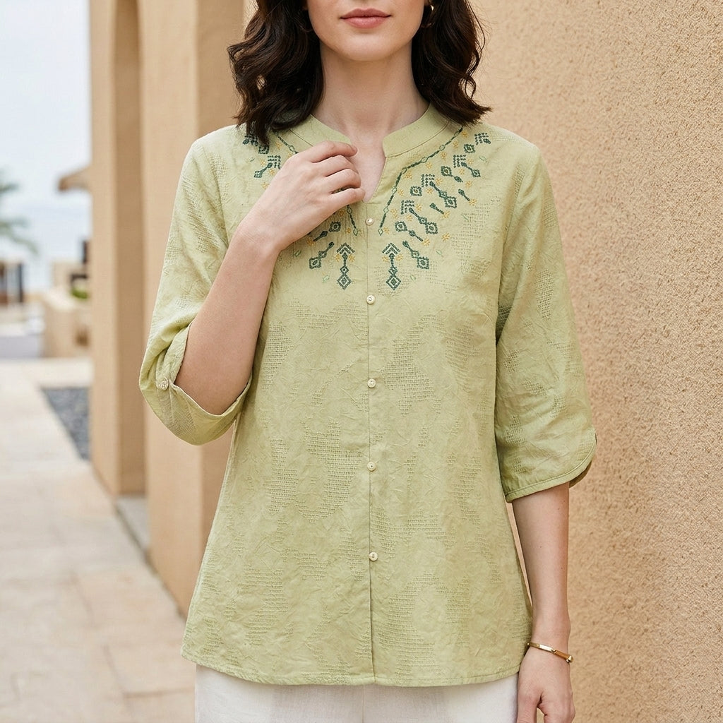 Embroidered Notch Neck Relaxed Everyday Blouse